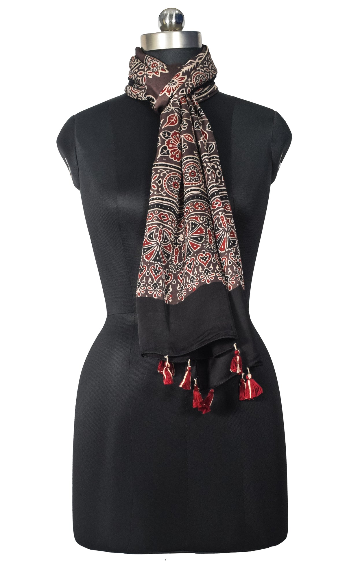 Ajrakh Modal Silk Natural Dye Hand Block Print Stole With Tassels - 2 Mtr Length   -  SKU : EK28901T