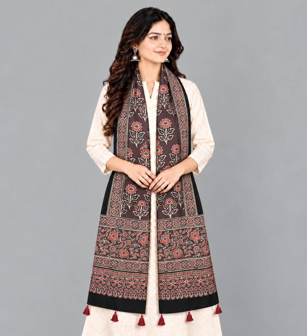 Ajrakh Modal Silk Natural Dye Hand Block Print Stole With Tassels - 2 Mtr Length   -  SKU : EK28901T