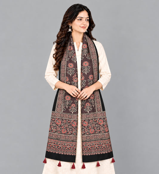 Ajrakh Modal Silk Natural Dye Hand Block Print Stole With Tassels - 2 Mtr Length   -  SKU : EK28901T