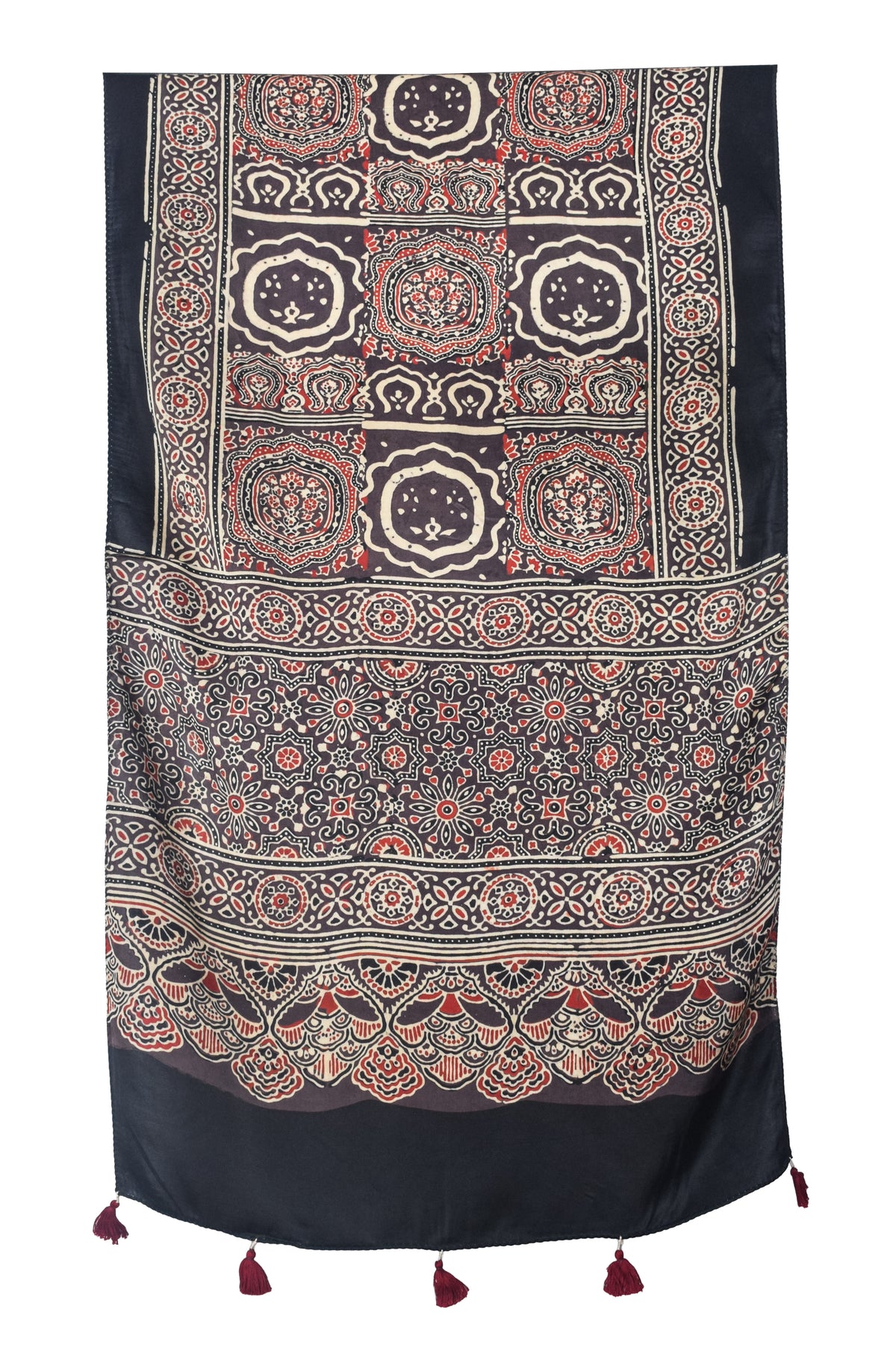 Ajrakh Modal Silk Natural Dye Hand Block Print Stole With Tassels - 2 Mtr Length   -  SKU : EK28901U