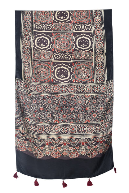 Ajrakh Modal Silk Natural Dye Hand Block Print Stole With Tassels - 2 Mtr Length   -  SKU : EK28901U