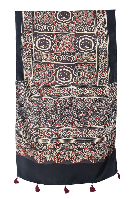Ajrakh Modal Silk Natural Dye Hand Block Print Stole With Tassels - 2 Mtr Length   -  SKU : EK28901U