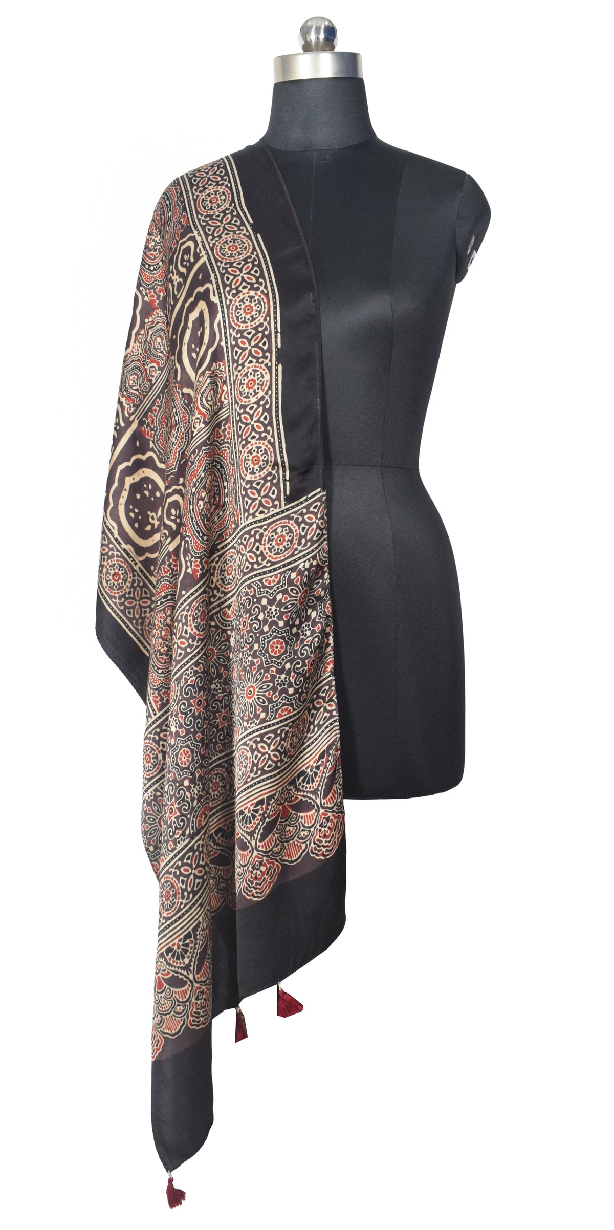 Ajrakh Modal Silk Natural Dye Hand Block Print Stole With Tassels - 2 Mtr Length   -  SKU : EK28901U