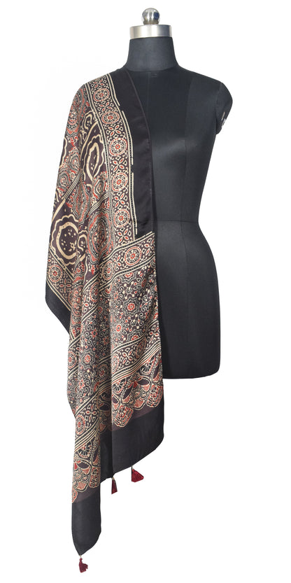 Ajrakh Modal Silk Natural Dye Hand Block Print Stole With Tassels - 2 Mtr Length   -  SKU : EK28901U