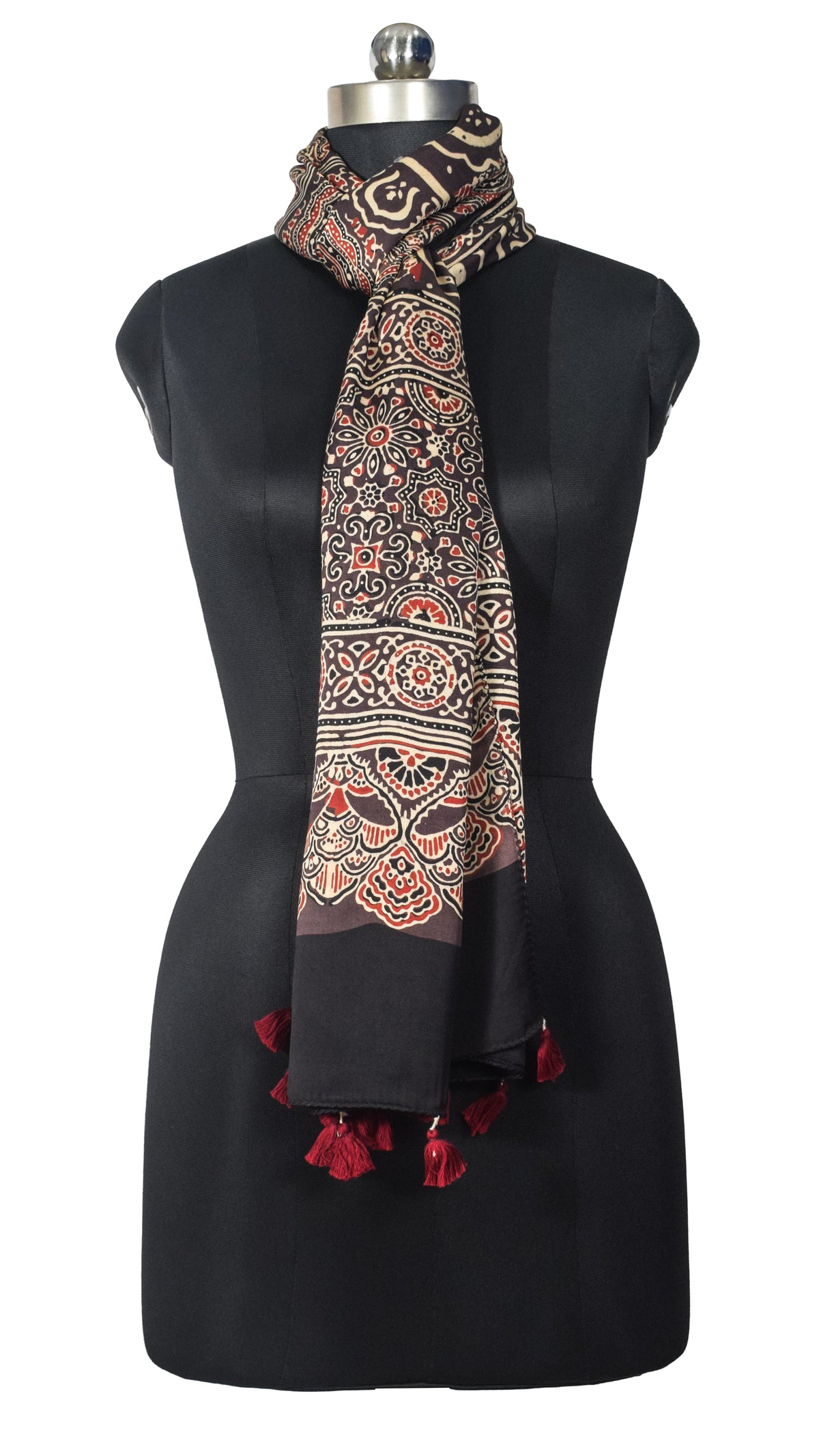 Ajrakh Modal Silk Natural Dye Hand Block Print Stole With Tassels - 2 Mtr Length   -  SKU : EK28901U