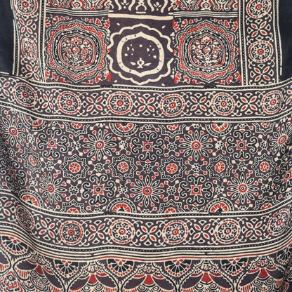 Ajrakh Modal Silk Natural Dye Hand Block Print Stole With Tassels - 2 Mtr Length   -  SKU : EK28901U