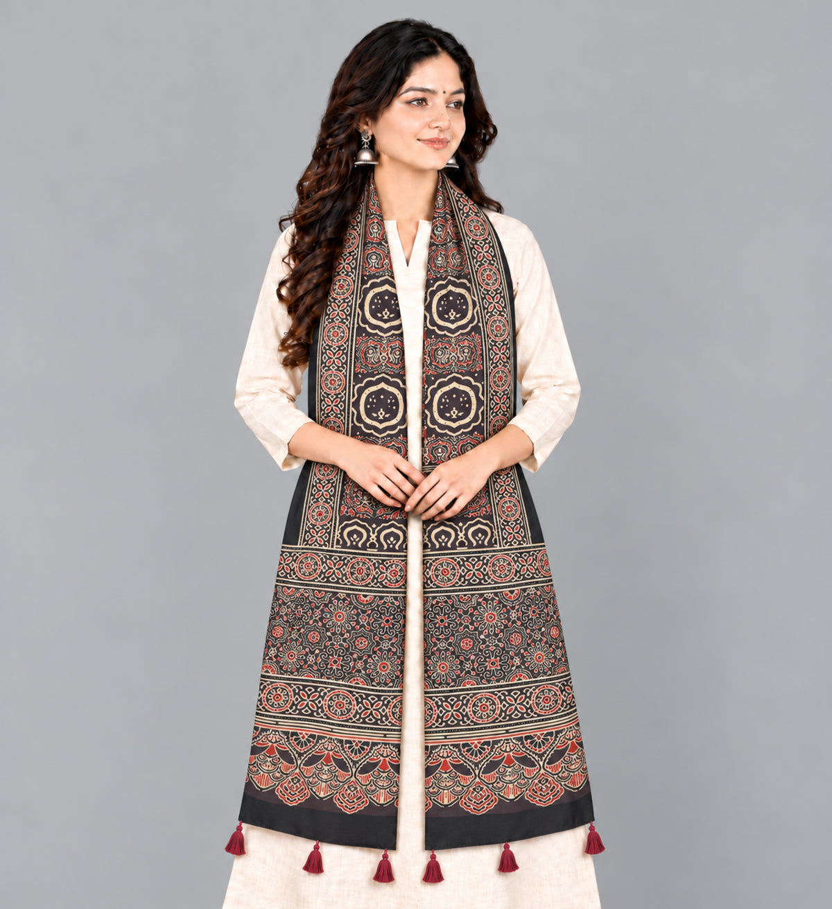 Ajrakh Modal Silk Natural Dye Hand Block Print Stole With Tassels - 2 Mtr Length   -  SKU : EK28901U