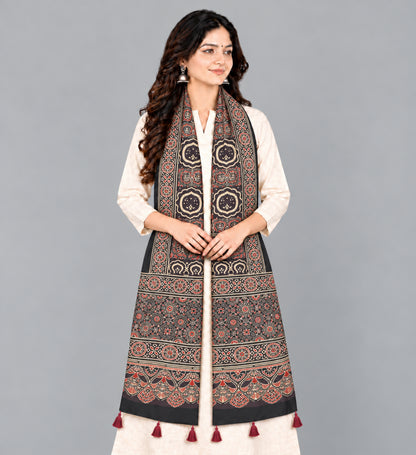 Ajrakh Modal Silk Natural Dye Hand Block Print Stole With Tassels - 2 Mtr Length   -  SKU : EK28901U