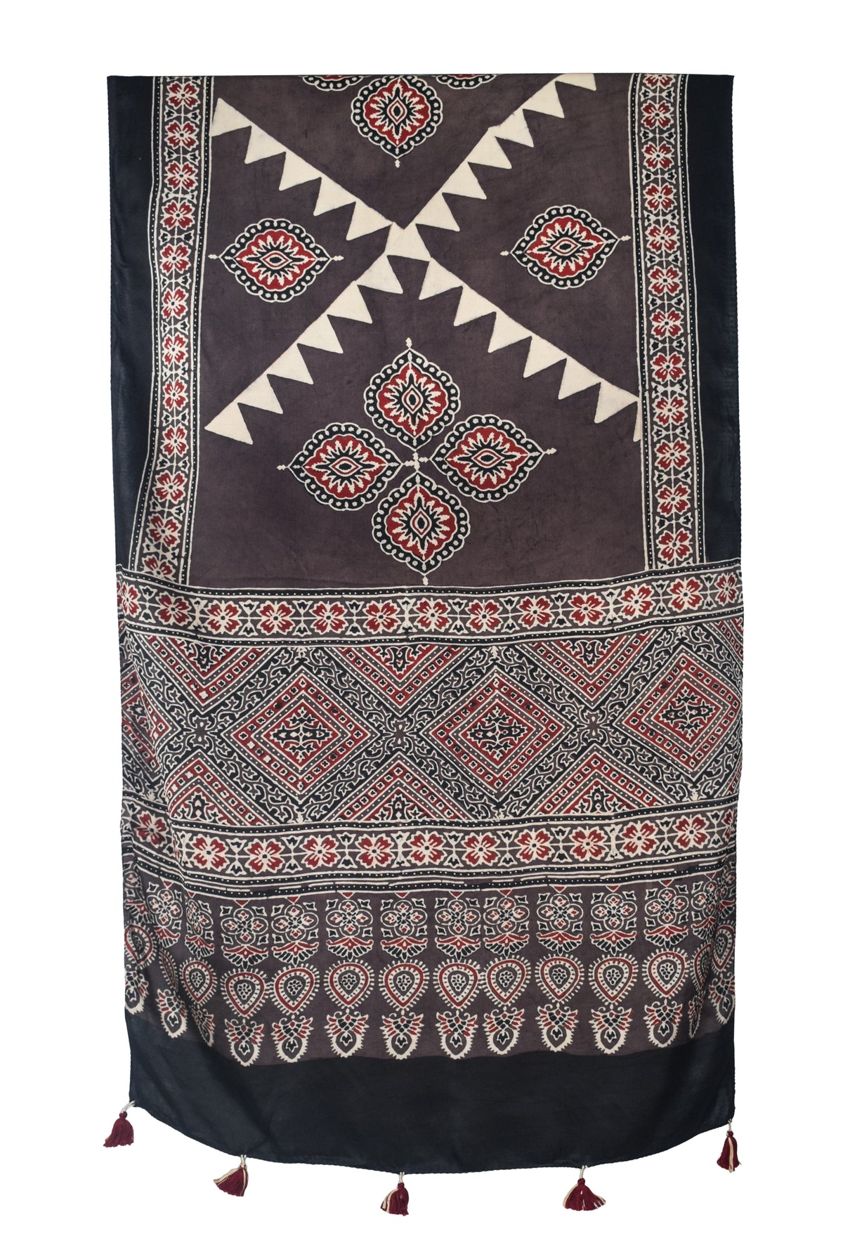 Ajrakh Modal Silk Natural Dye Hand Block Print Stole With Tassels - 2 Mtr Length   -  SKU : EK28901X