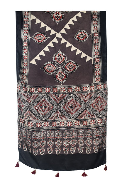 Ajrakh Modal Silk Natural Dye Hand Block Print Stole With Tassels - 2 Mtr Length   -  SKU : EK28901X