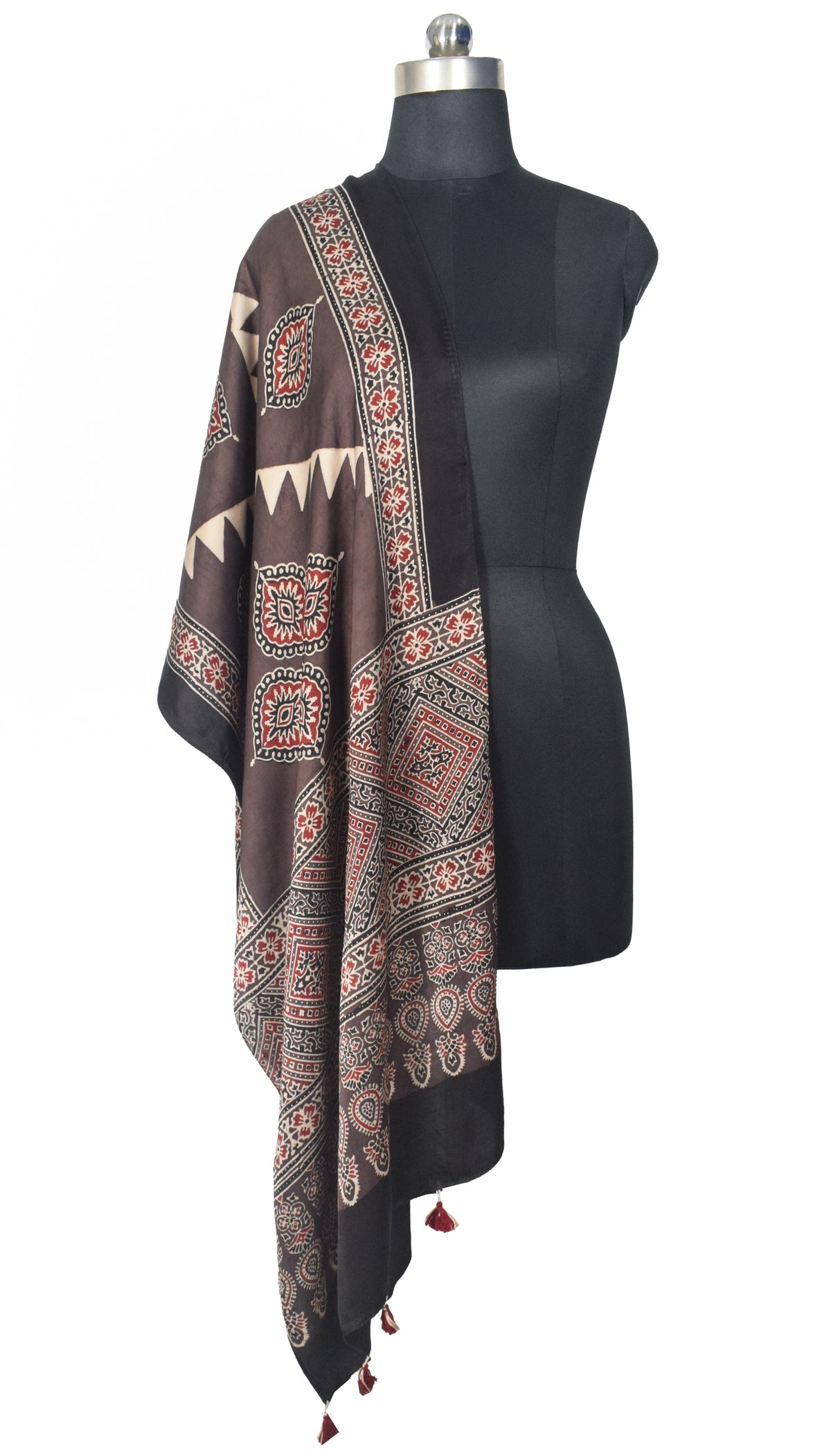 Ajrakh Modal Silk Natural Dye Hand Block Print Stole With Tassels - 2 Mtr Length   -  SKU : EK28901X