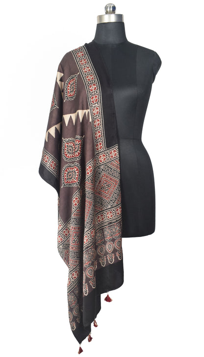 Ajrakh Modal Silk Natural Dye Hand Block Print Stole With Tassels - 2 Mtr Length   -  SKU : EK28901X