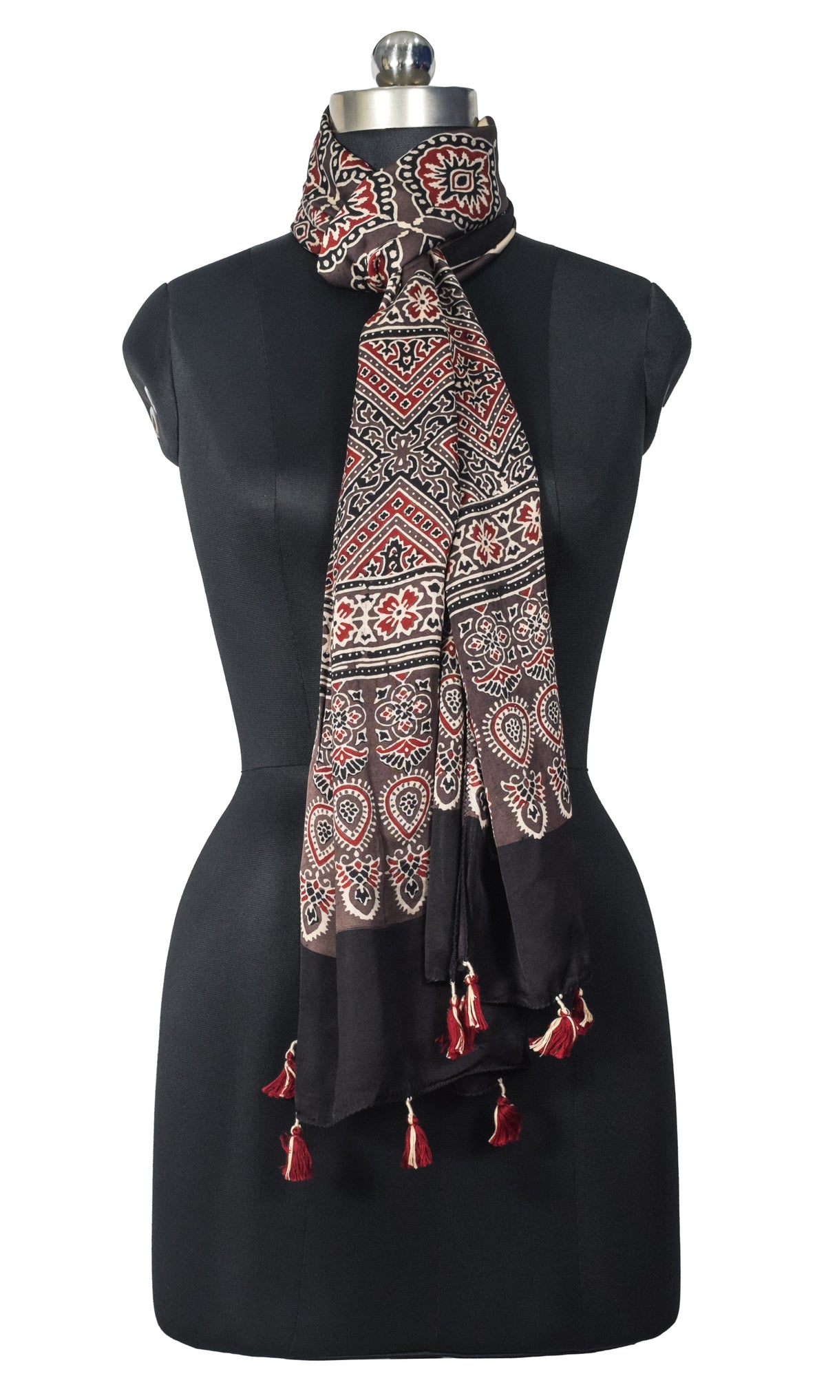 Ajrakh Modal Silk Natural Dye Hand Block Print Stole With Tassels - 2 Mtr Length   -  SKU : EK28901X