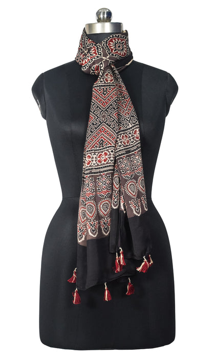 Ajrakh Modal Silk Natural Dye Hand Block Print Stole With Tassels - 2 Mtr Length   -  SKU : EK28901X