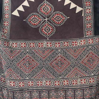Ajrakh Modal Silk Natural Dye Hand Block Print Stole With Tassels - 2 Mtr Length   -  SKU : EK28901X