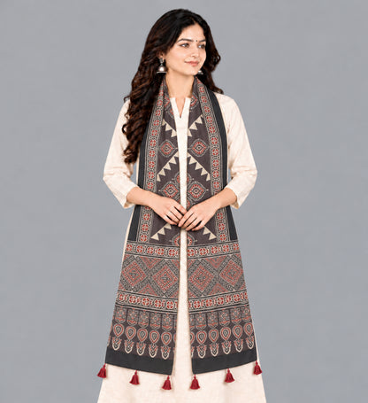 Ajrakh Modal Silk Natural Dye Hand Block Print Stole With Tassels - 2 Mtr Length   -  SKU : EK28901X