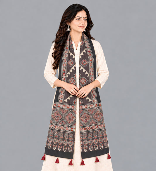 Ajrakh Modal Silk Natural Dye Hand Block Print Stole With Tassels - 2 Mtr Length   -  SKU : EK28901X