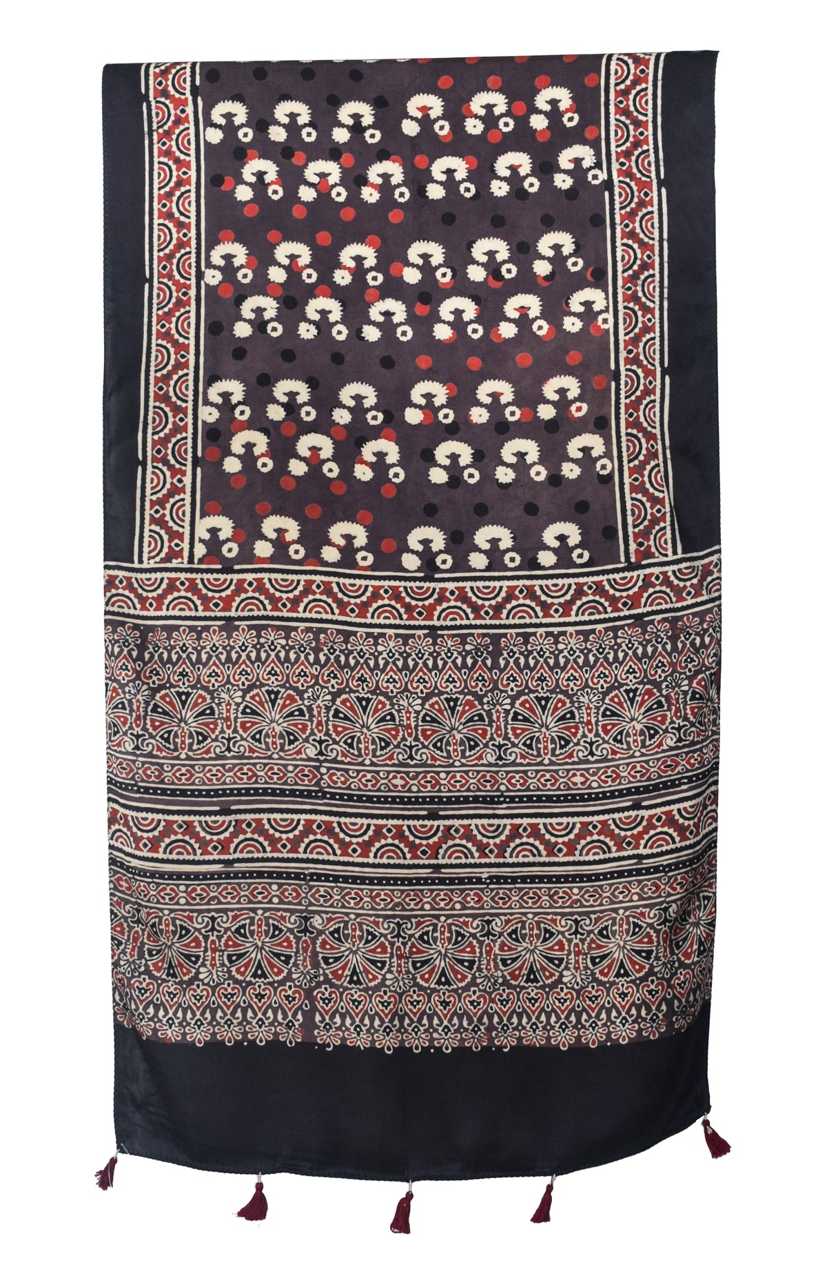 Ajrakh Modal Silk Natural Dye Hand Block Print Stole With Tassels - 2 Mtr Length   -  SKU : EK28901Y