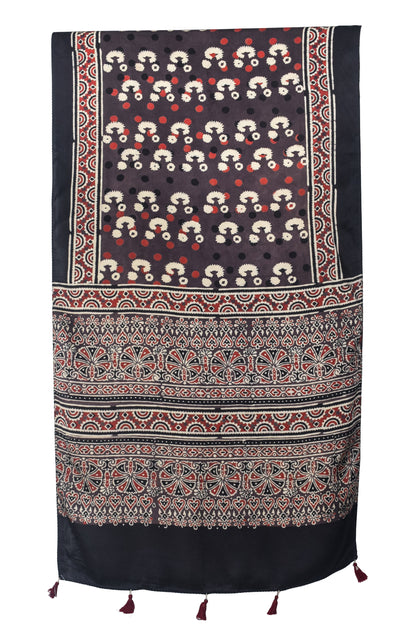 Ajrakh Modal Silk Natural Dye Hand Block Print Stole With Tassels - 2 Mtr Length   -  SKU : EK28901Y