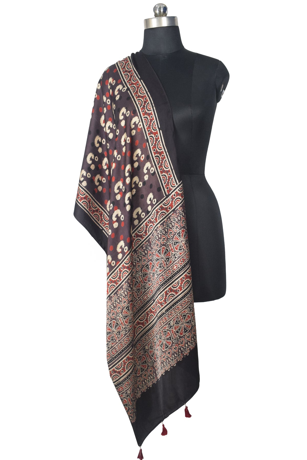Ajrakh Modal Silk Natural Dye Hand Block Print Stole With Tassels - 2 Mtr Length   -  SKU : EK28901Y