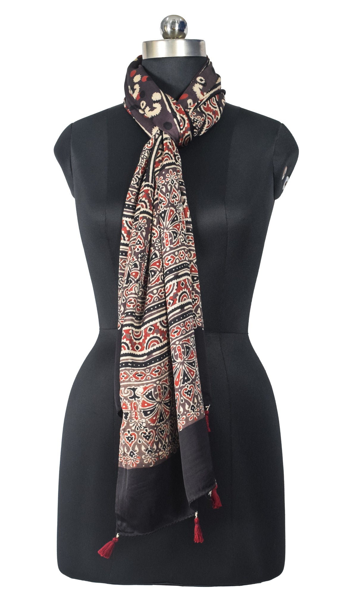 Ajrakh Modal Silk Natural Dye Hand Block Print Stole With Tassels - 2 Mtr Length   -  SKU : EK28901Y