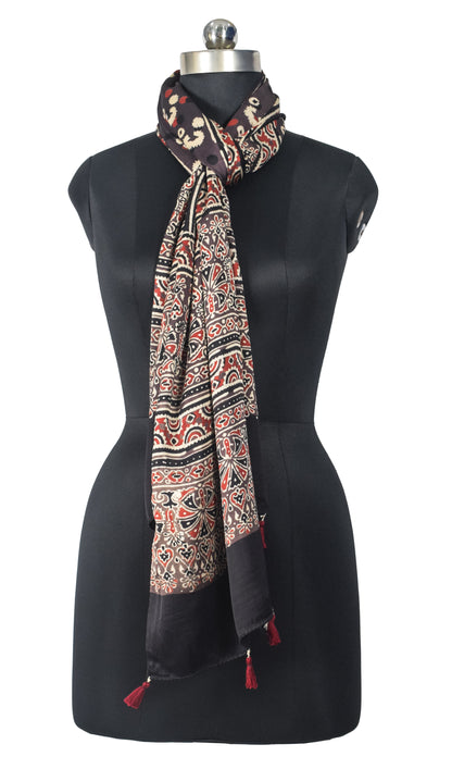 Ajrakh Modal Silk Natural Dye Hand Block Print Stole With Tassels - 2 Mtr Length   -  SKU : EK28901Y
