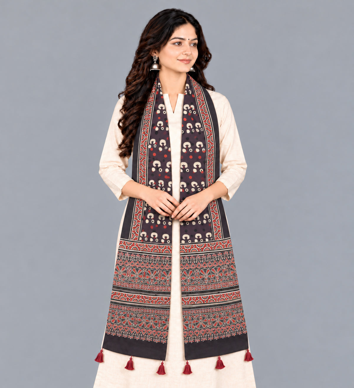 Ajrakh Modal Silk Natural Dye Hand Block Print Stole With Tassels - 2 Mtr Length   -  SKU : EK28901Y