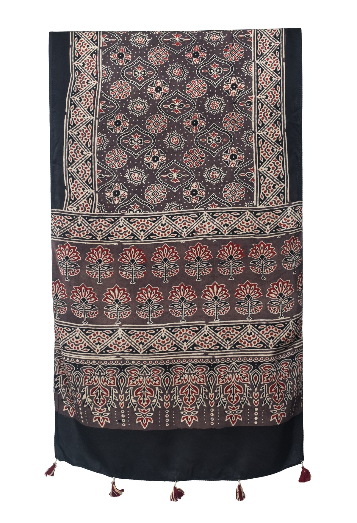 Ajrakh Modal Silk Natural Dye Hand Block Print Stole With Tassels - 2 Mtr Length   -  SKU : EK28901Z