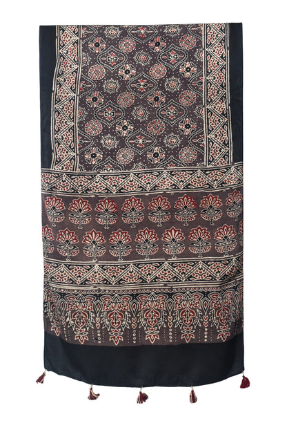 Ajrakh Modal Silk Natural Dye Hand Block Print Stole With Tassels - 2 Mtr Length   -  SKU : EK28901Z