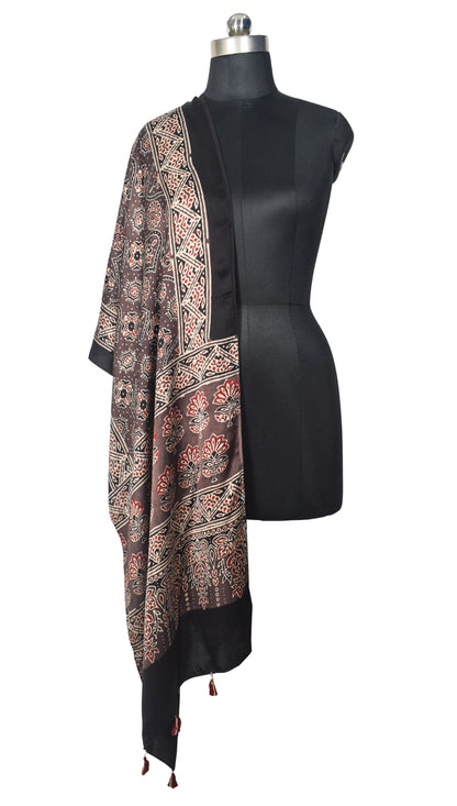 Ajrakh Modal Silk Natural Dye Hand Block Print Stole With Tassels - 2 Mtr Length   -  SKU : EK28901Z