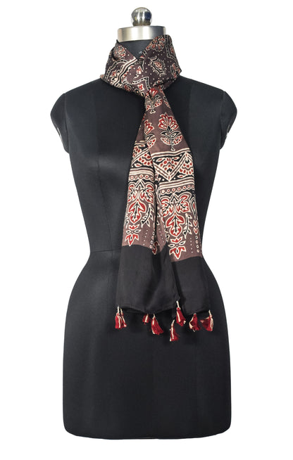 Ajrakh Modal Silk Natural Dye Hand Block Print Stole With Tassels - 2 Mtr Length   -  SKU : EK28901Z