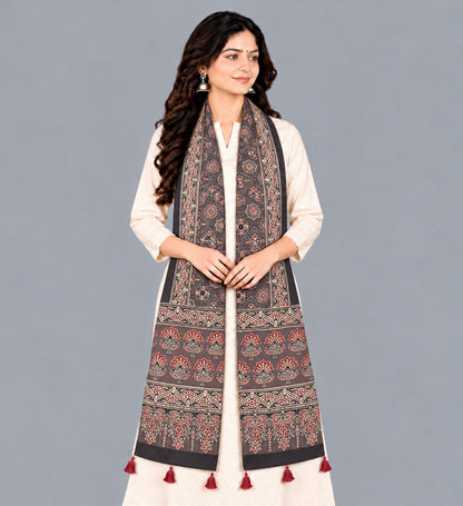 Ajrakh Modal Silk Natural Dye Hand Block Print Stole With Tassels - 2 Mtr Length   -  SKU : EK28901Z