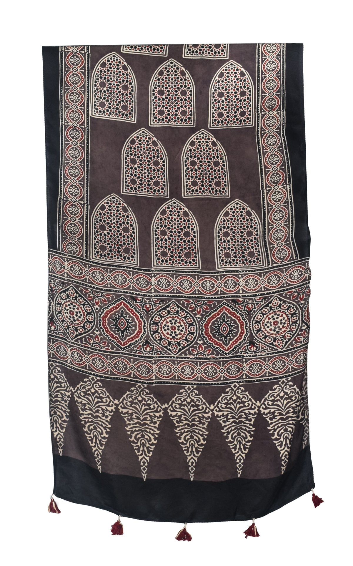 Ajrakh Modal Silk Natural Dye Hand Block Print Stole With Tassels - 2 Mtr Length   -  SKU : EK2890AA