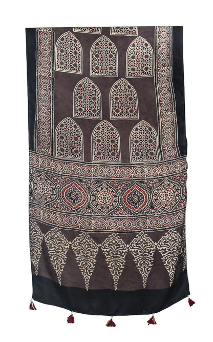 Ajrakh Modal Silk Natural Dye Hand Block Print Stole With Tassels - 2 Mtr Length   -  SKU : EK2890AA