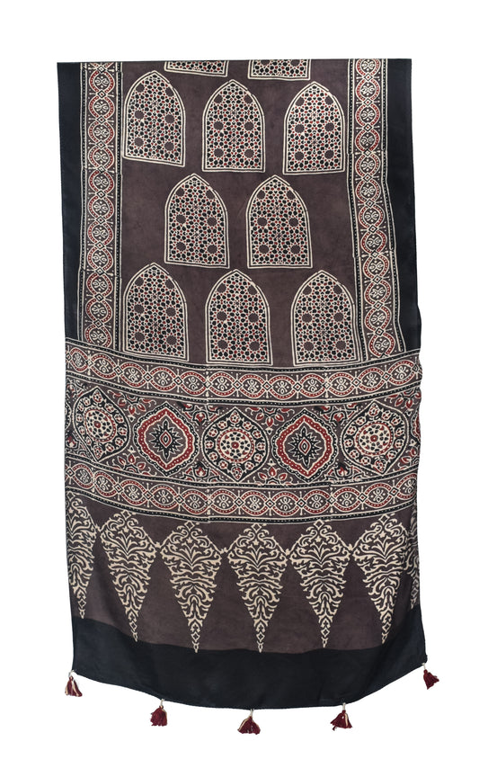 Ajrakh Modal Silk Natural Dye Hand Block Print Stole With Tassels - 2 Mtr Length   -  SKU : EK2890AA