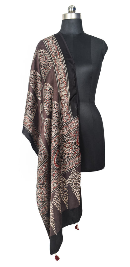 Ajrakh Modal Silk Natural Dye Hand Block Print Stole With Tassels - 2 Mtr Length   -  SKU : EK2890AA