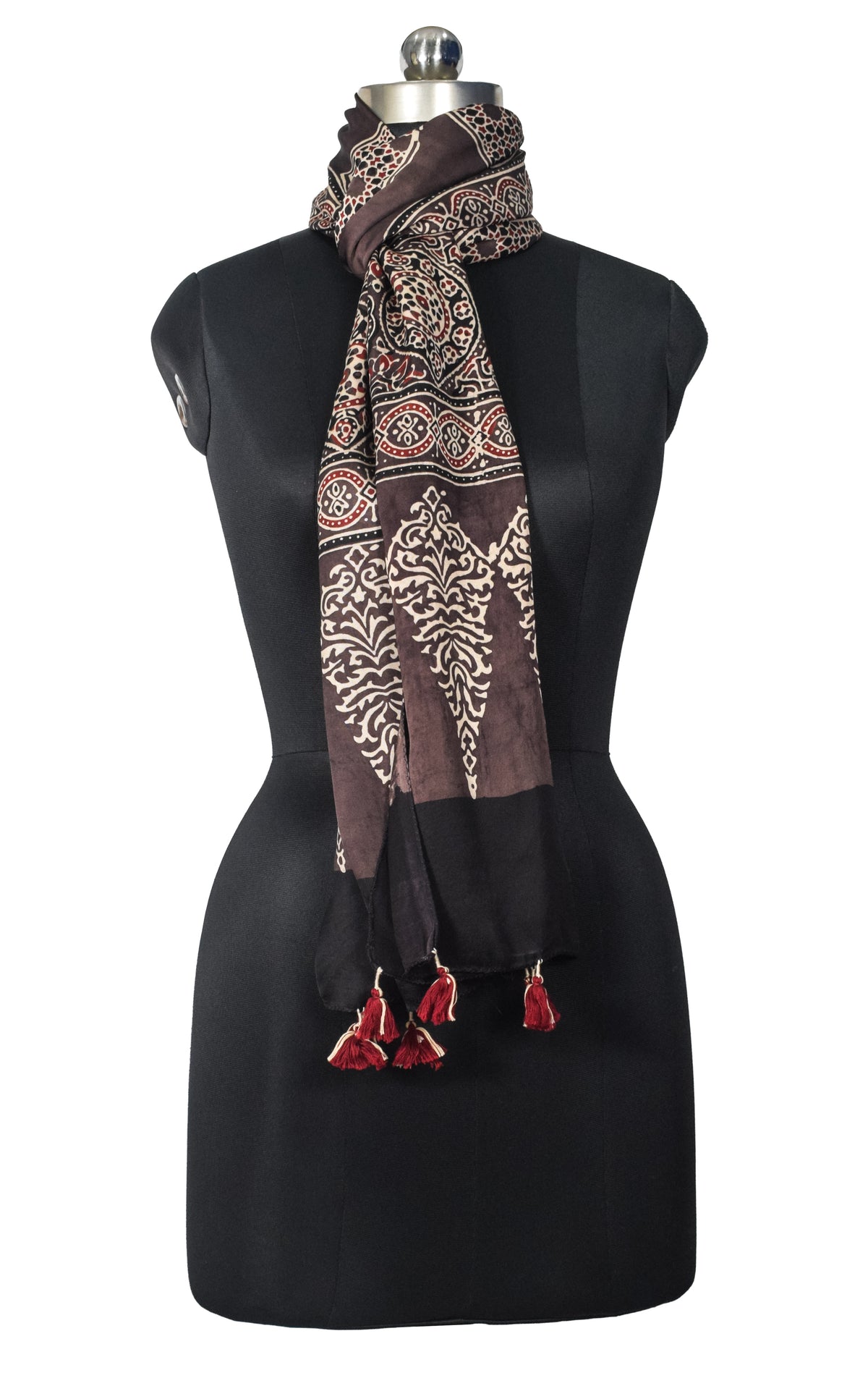 Ajrakh Modal Silk Natural Dye Hand Block Print Stole With Tassels - 2 Mtr Length   -  SKU : EK2890AA