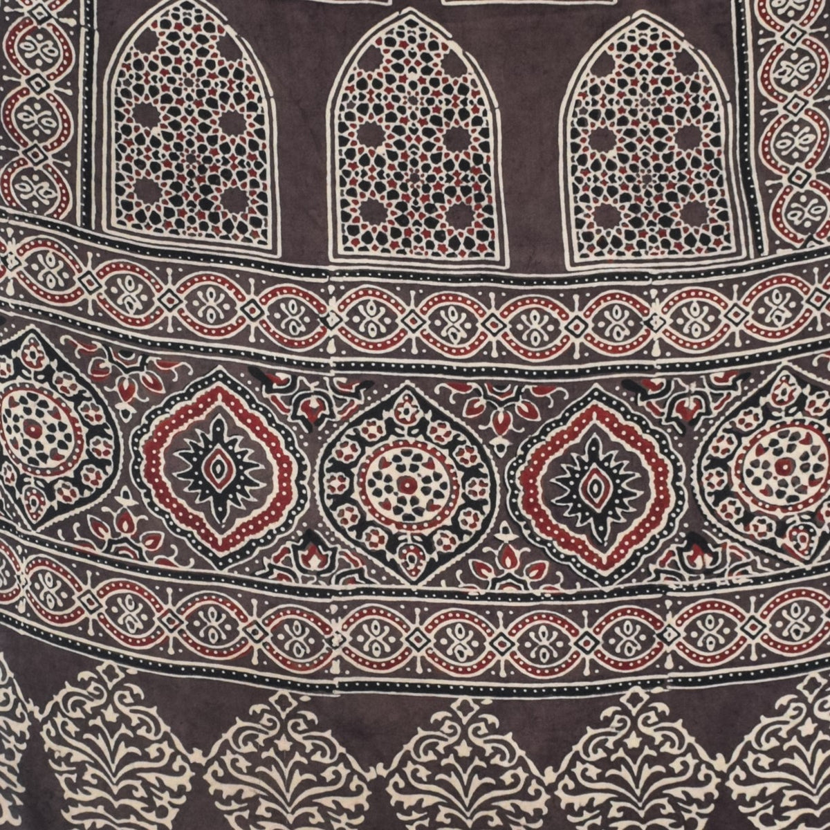 Ajrakh Modal Silk Natural Dye Hand Block Print Stole With Tassels - 2 Mtr Length   -  SKU : EK2890AA