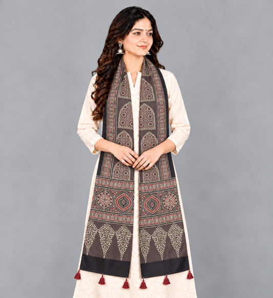 Ajrakh Modal Silk Natural Dye Hand Block Print Stole With Tassels - 2 Mtr Length   -  SKU : EK2890AA