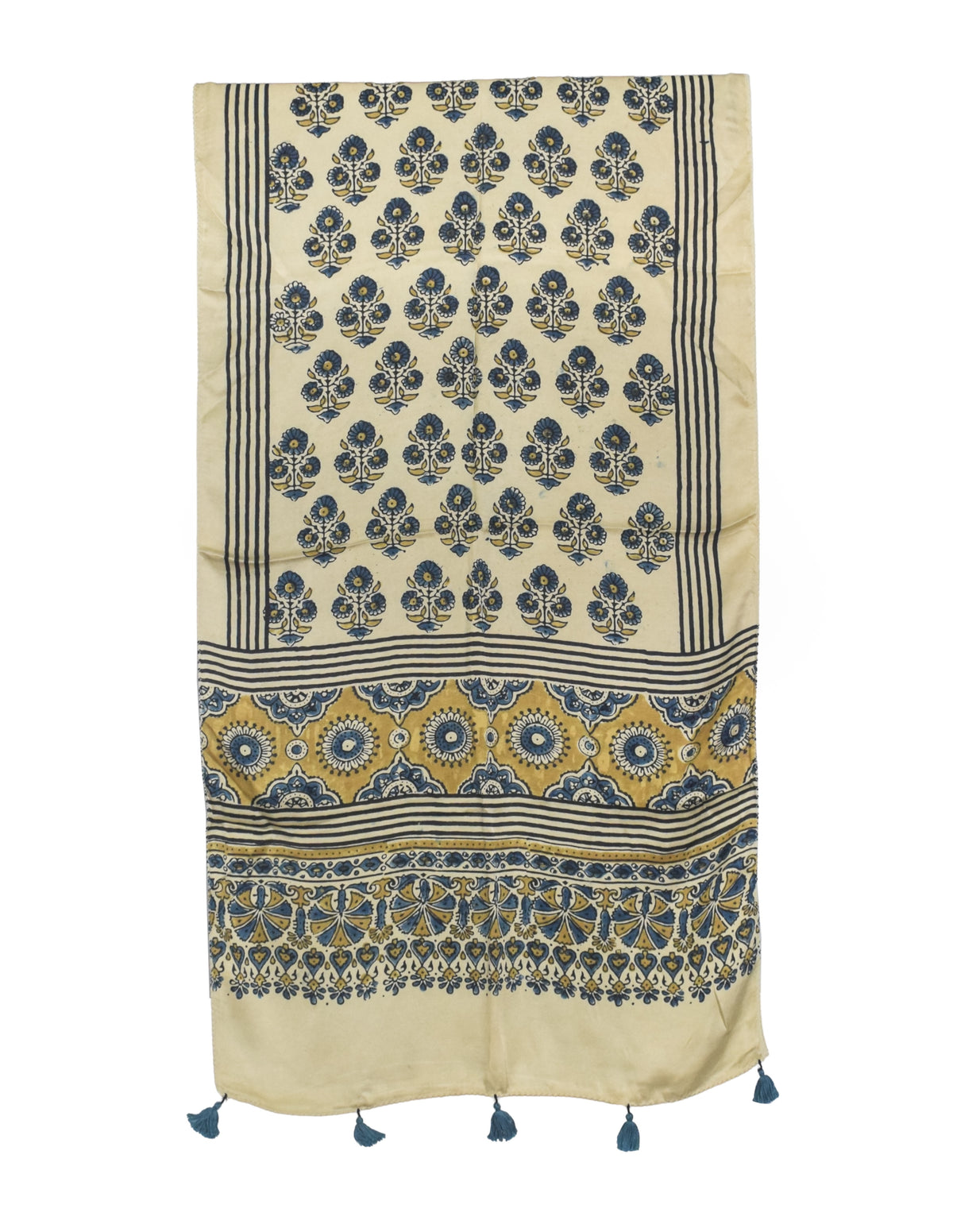 Ajrakh Modal Silk Natural Dye Hand Block Print Stole With Tassels - 2 Mtr Length   -  SKU : AI2783AF