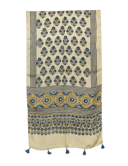 Ajrakh Modal Silk Natural Dye Hand Block Print Stole With Tassels - 2 Mtr Length   -  SKU : AI2783AF