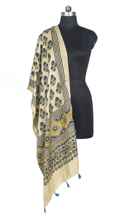Ajrakh Modal Silk Natural Dye Hand Block Print Stole With Tassels - 2 Mtr Length   -  SKU : AI2783AF