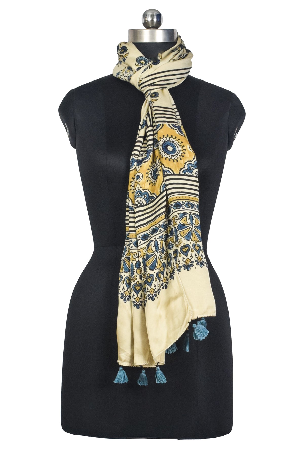 Ajrakh Modal Silk Natural Dye Hand Block Print Stole With Tassels - 2 Mtr Length   -  SKU : AI2783AF