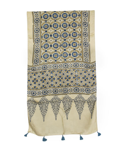 Ajrakh Modal Silk Natural Dye Hand Block Print Stole With Tassels - 2 Mtr Length   -  SKU : AI2783AG