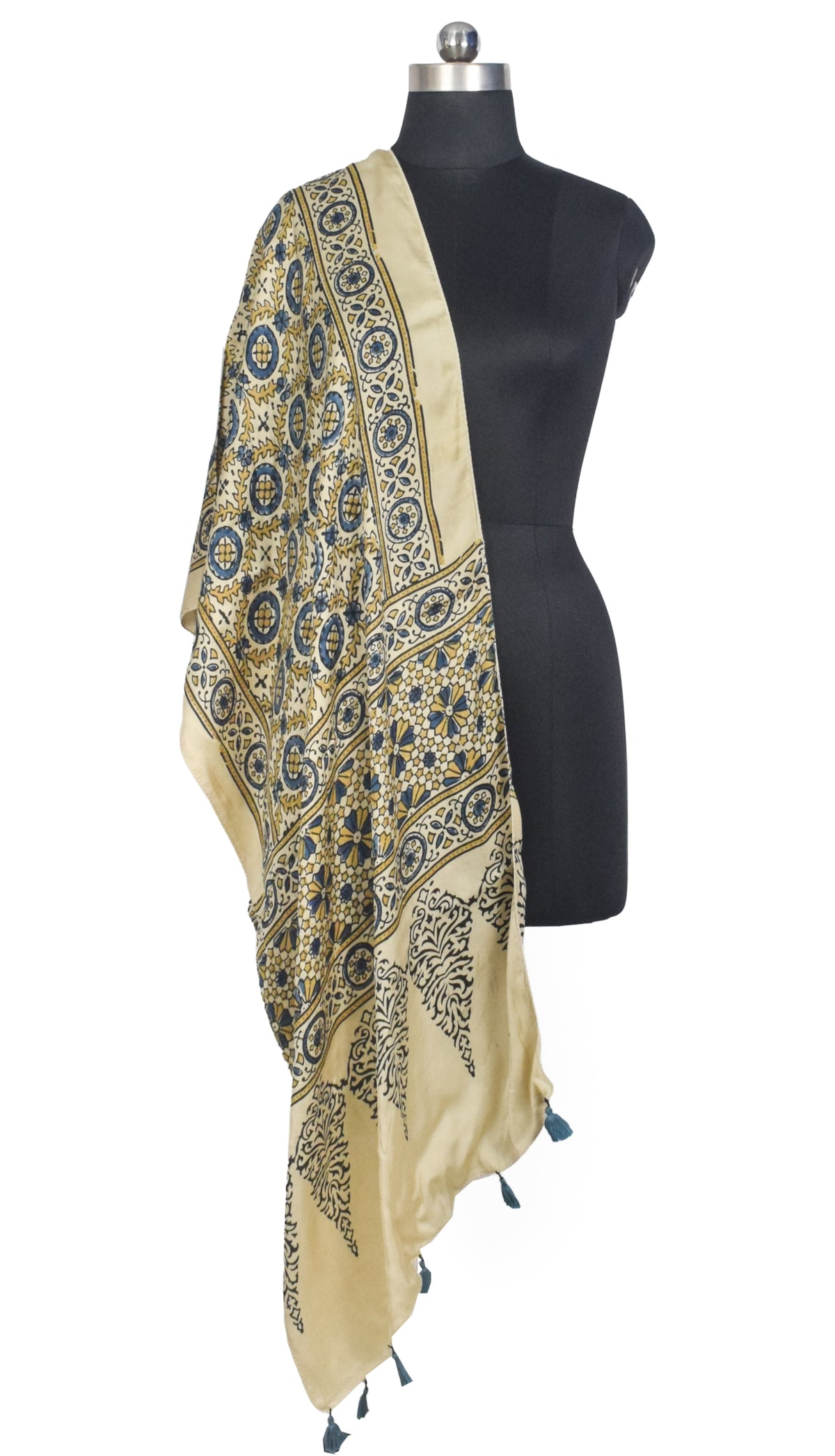 Ajrakh Modal Silk Natural Dye Hand Block Print Stole With Tassels - 2 Mtr Length   -  SKU : AI2783AG