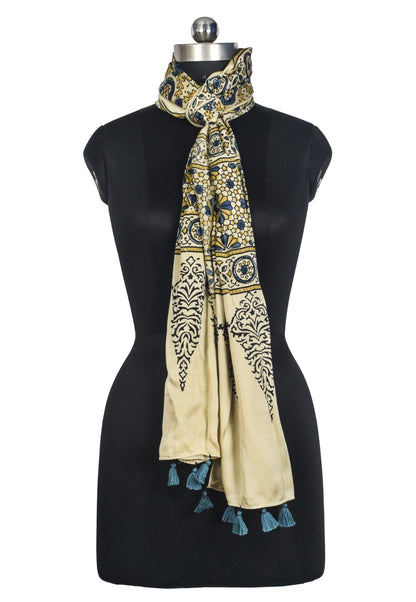 Ajrakh Modal Silk Natural Dye Hand Block Print Stole With Tassels - 2 Mtr Length   -  SKU : AI2783AG