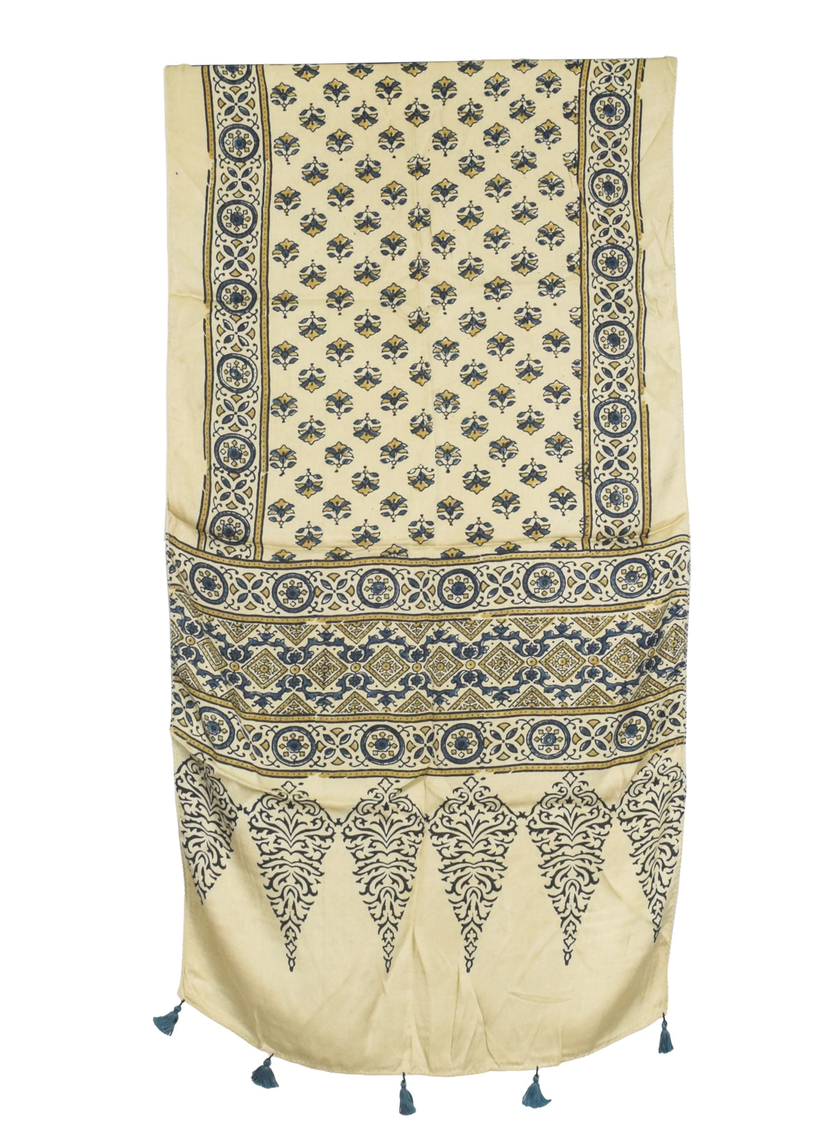 Ajrakh Modal Silk Natural Dye Hand Block Print Stole With Tassels - 2 Mtr Length   -  SKU : AI2783AH