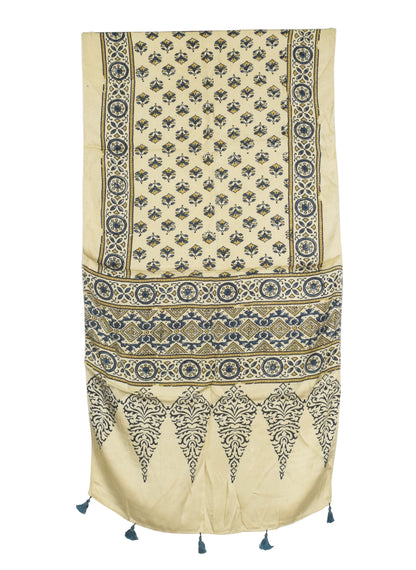 Ajrakh Modal Silk Natural Dye Hand Block Print Stole With Tassels - 2 Mtr Length   -  SKU : AI2783AH
