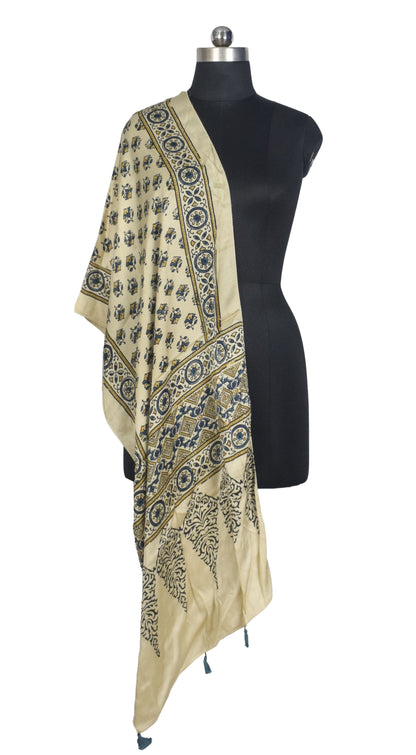 Ajrakh Modal Silk Natural Dye Hand Block Print Stole With Tassels - 2 Mtr Length   -  SKU : AI2783AH