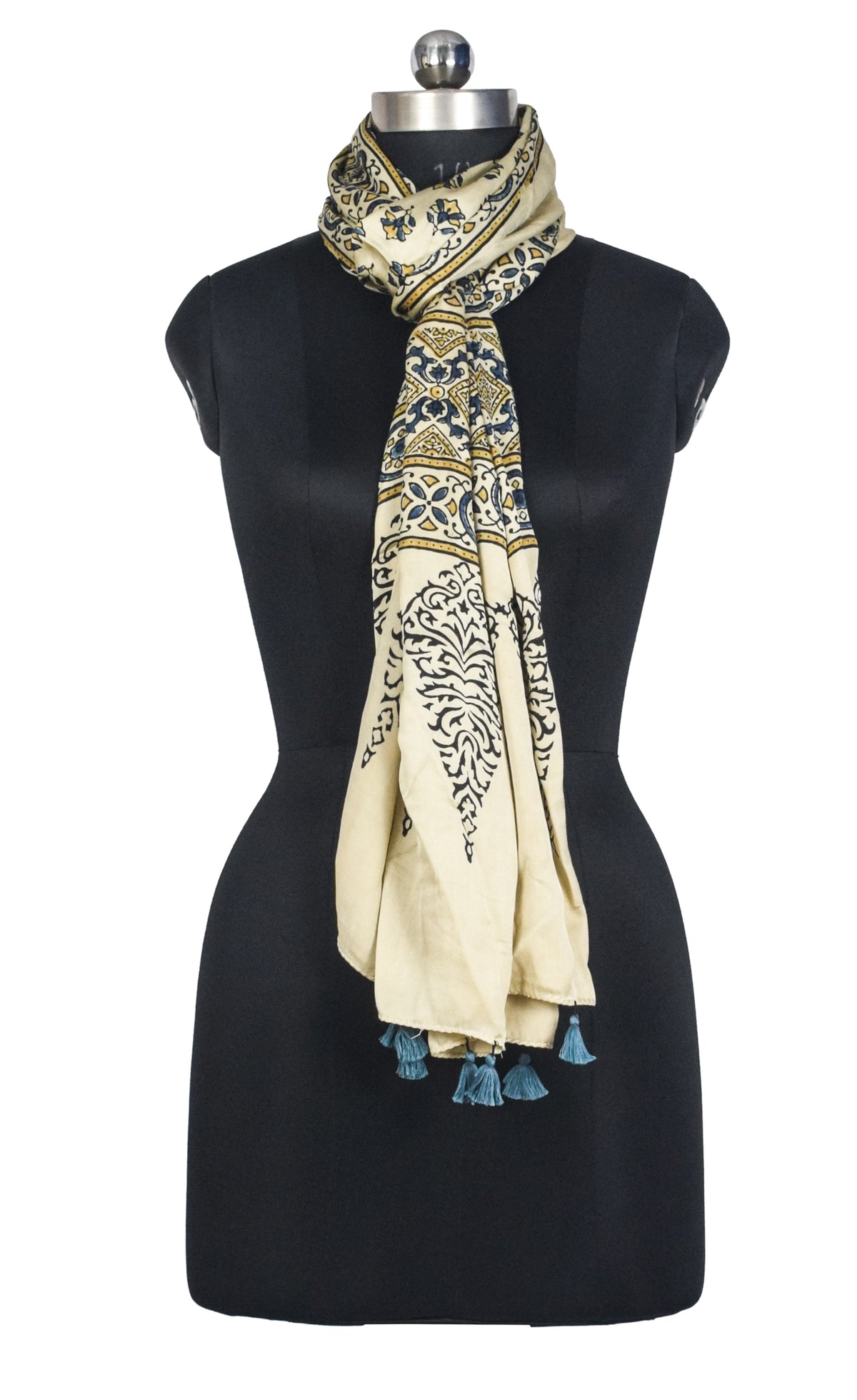 Ajrakh Modal Silk Natural Dye Hand Block Print Stole With Tassels - 2 Mtr Length   -  SKU : AI2783AH